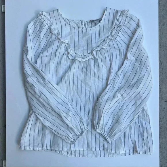 Madewell Ruffle-Yoke Prairie Top - Pinstripe Black and White - Size S - Picture 8 of 9